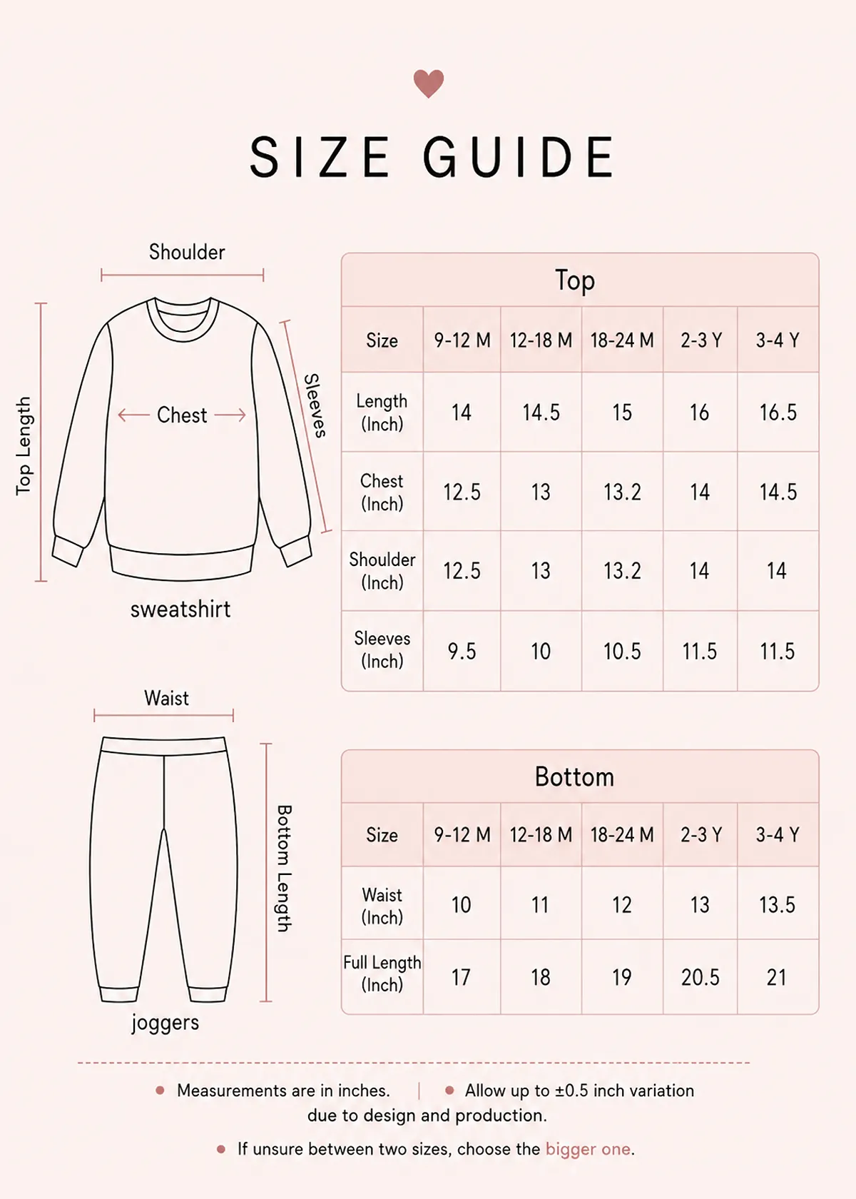 Brown Bunny Co-ord size guide - measurements in inches