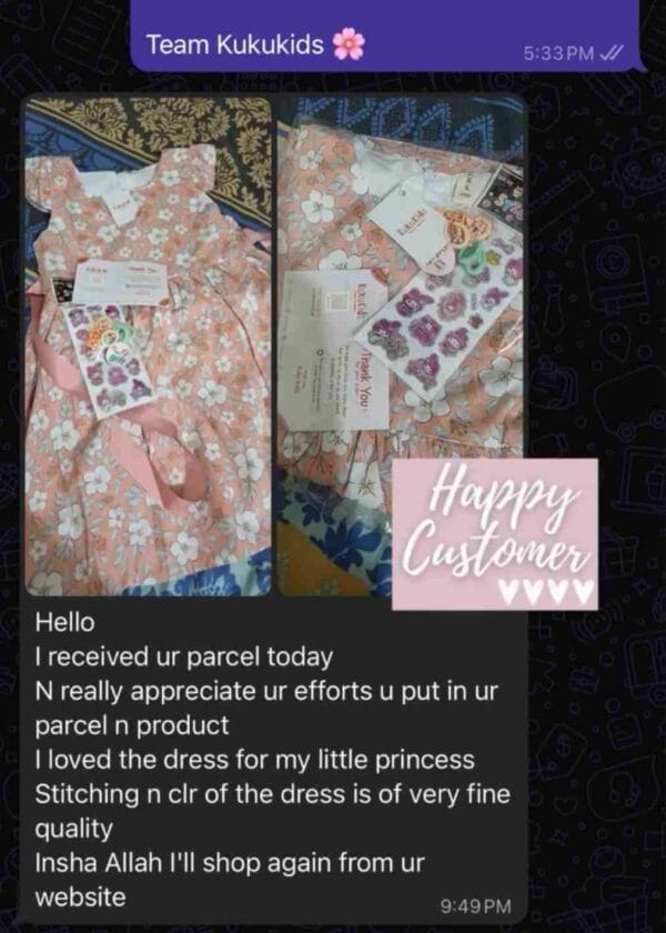 Photos of two frocks with a message: I received your parcel today and appreciate the effort in the parcel and product, I loved the dress for my little princess, the stitching and colour of the dress are of very fine quality, I will shop again from your website