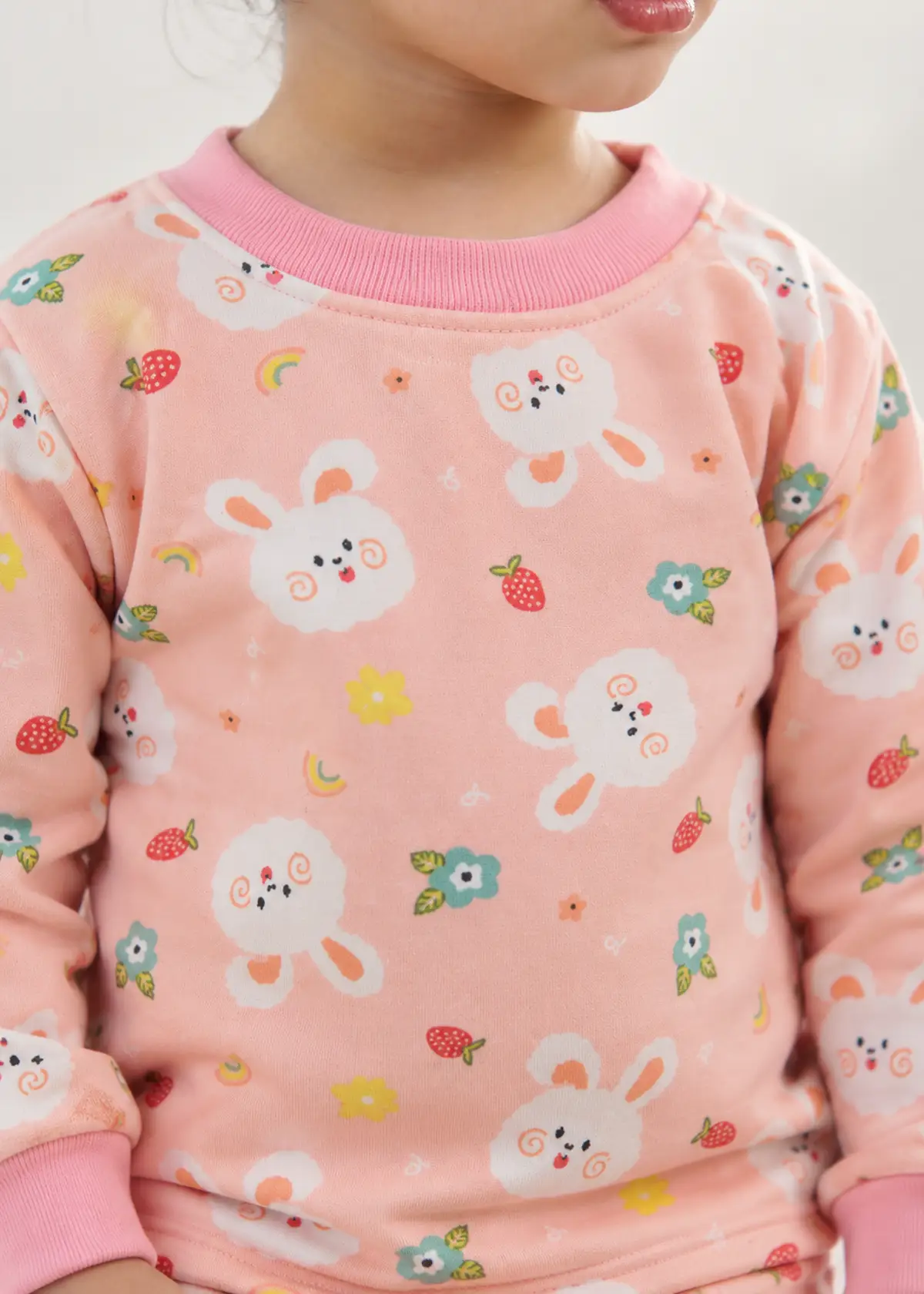 Berry Bunny Fleece Nightwear print close up, bunnies and strawberries