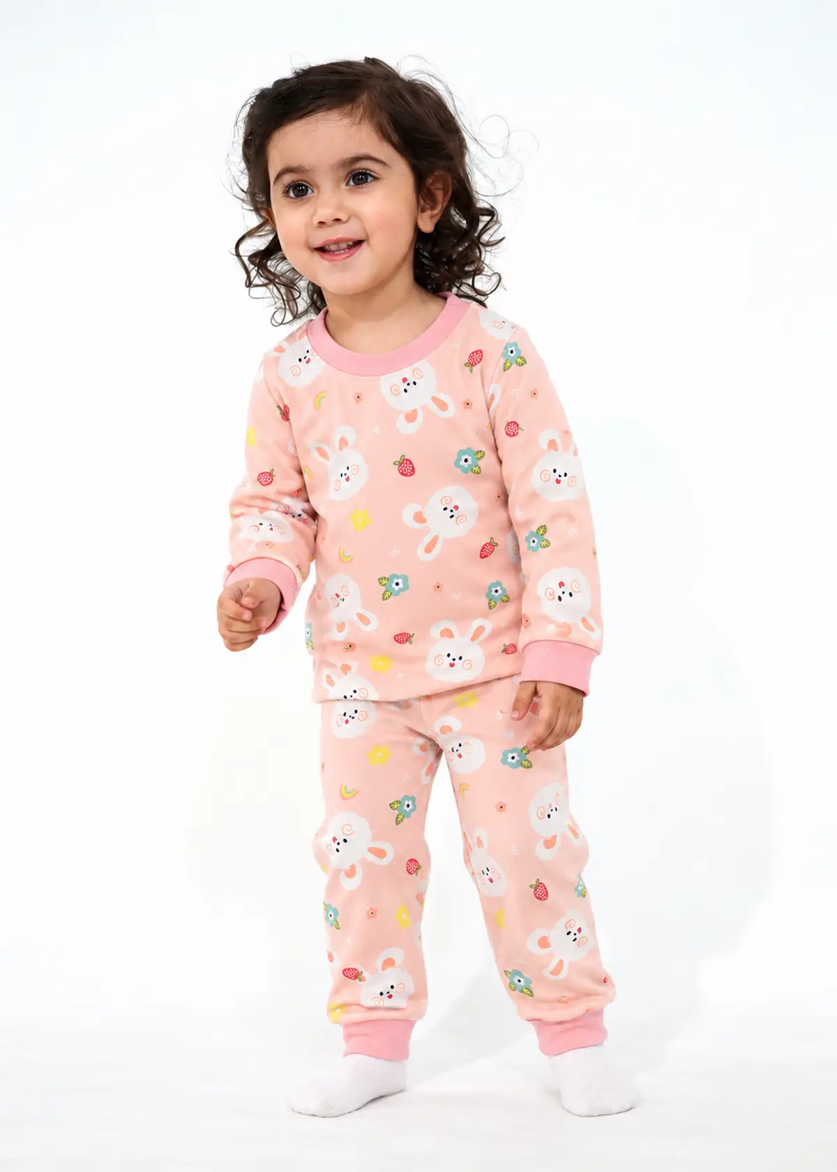 Girl wearing Berry Bunny Fleece Nightwear, pink fleece set