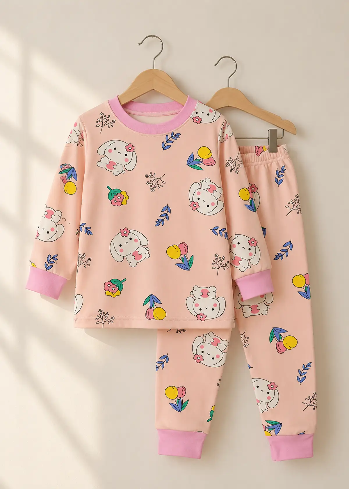Bunny Blossom Fleece Nightwear, pink fleece set for girls