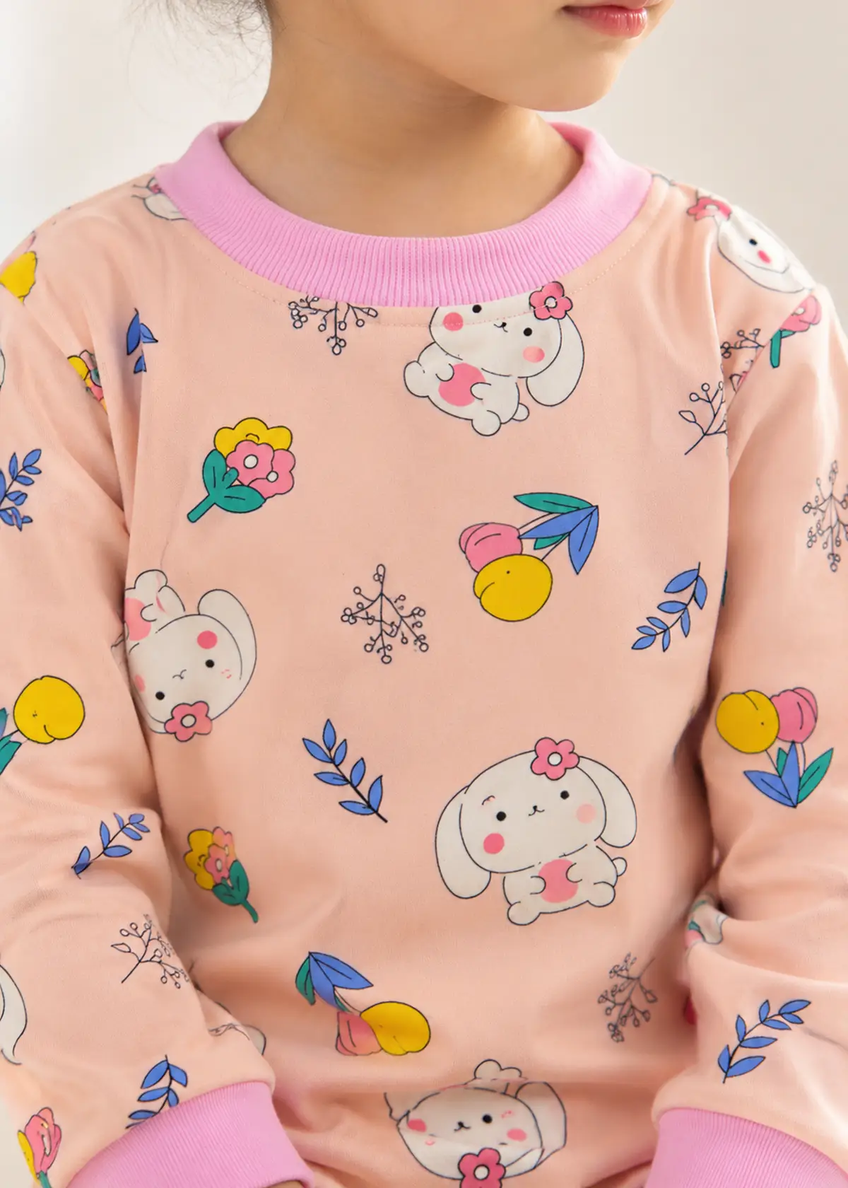 Bunny Blossom Fleece Nightwear print close up, bunnies and flowers
