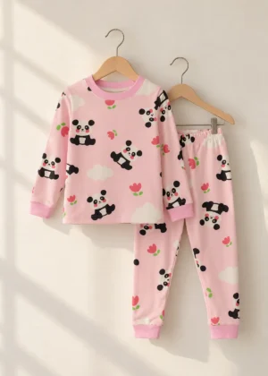 Happy Panda Fleece Nightwear, pink fleece set for girls