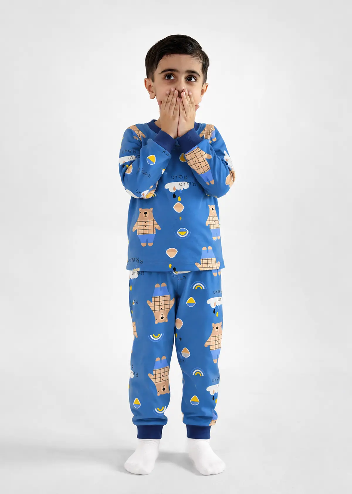 Boy wearing Cozy Bear Nightwear, blue fleece lined set