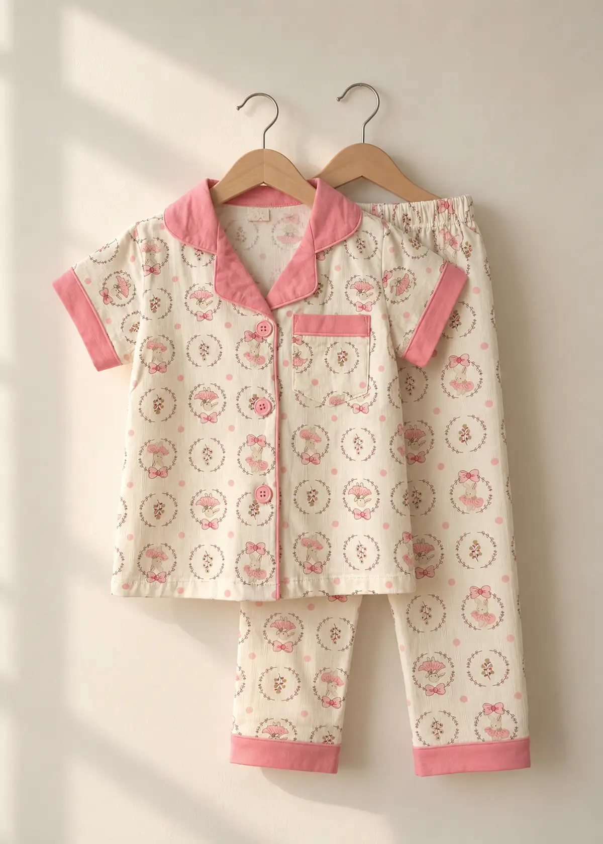 Blush Ballerina half sleeve nightwear for girls, cream top and pants with pink trim on hangers