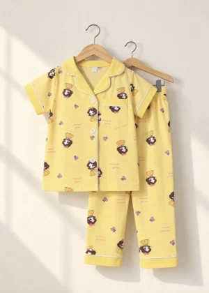 Lemon Princess half sleeve nightwear for girls, yellow top and pants with princess print on hangers