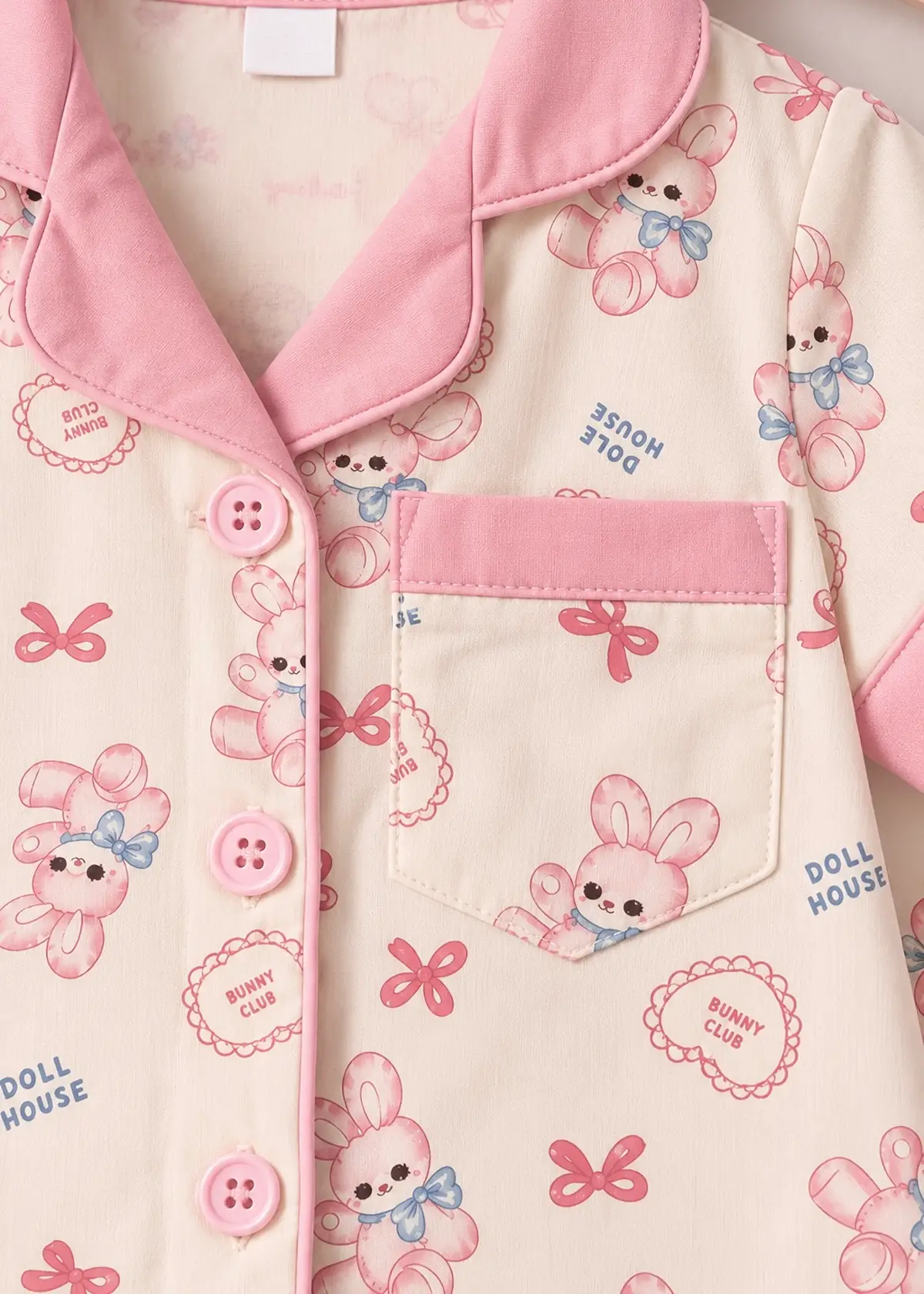 Rosy Bunny half sleeve nightwear close up, pink collar, chest pocket and bunny print