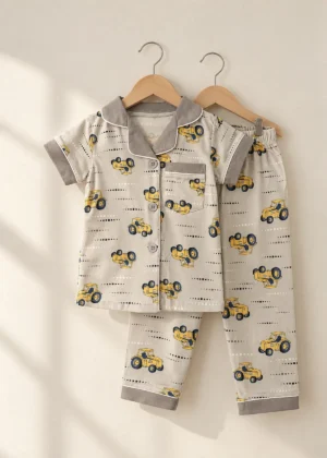Little Builder half sleeve nightwear for boys, grey top and pants with construction truck print on hangers