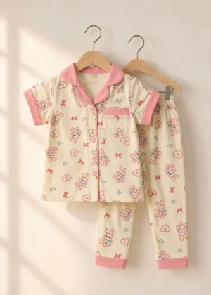 Rosy Bunny half sleeve nightwear for girls, cream top and pants with pink trim on hangers