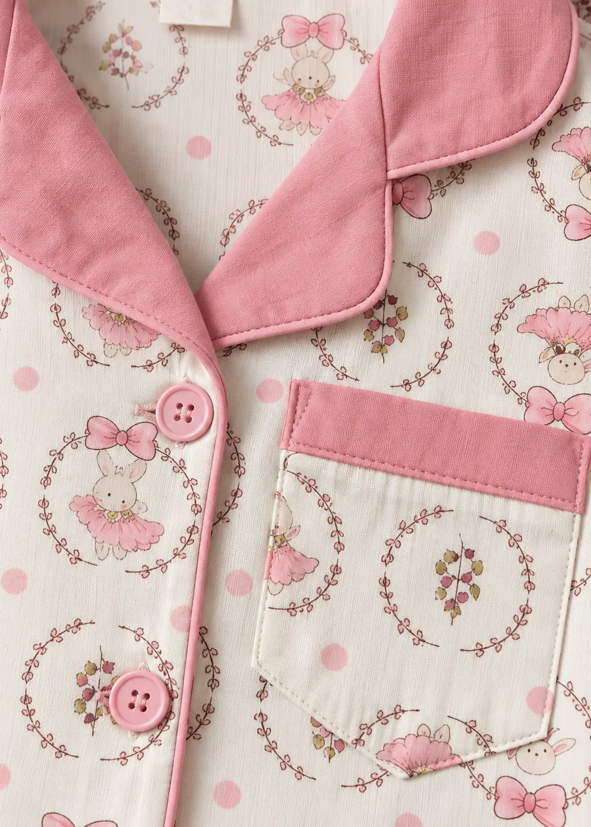 Blush Ballerina half sleeve nightwear close up, pink collar, chest pocket and ballerina bunny print