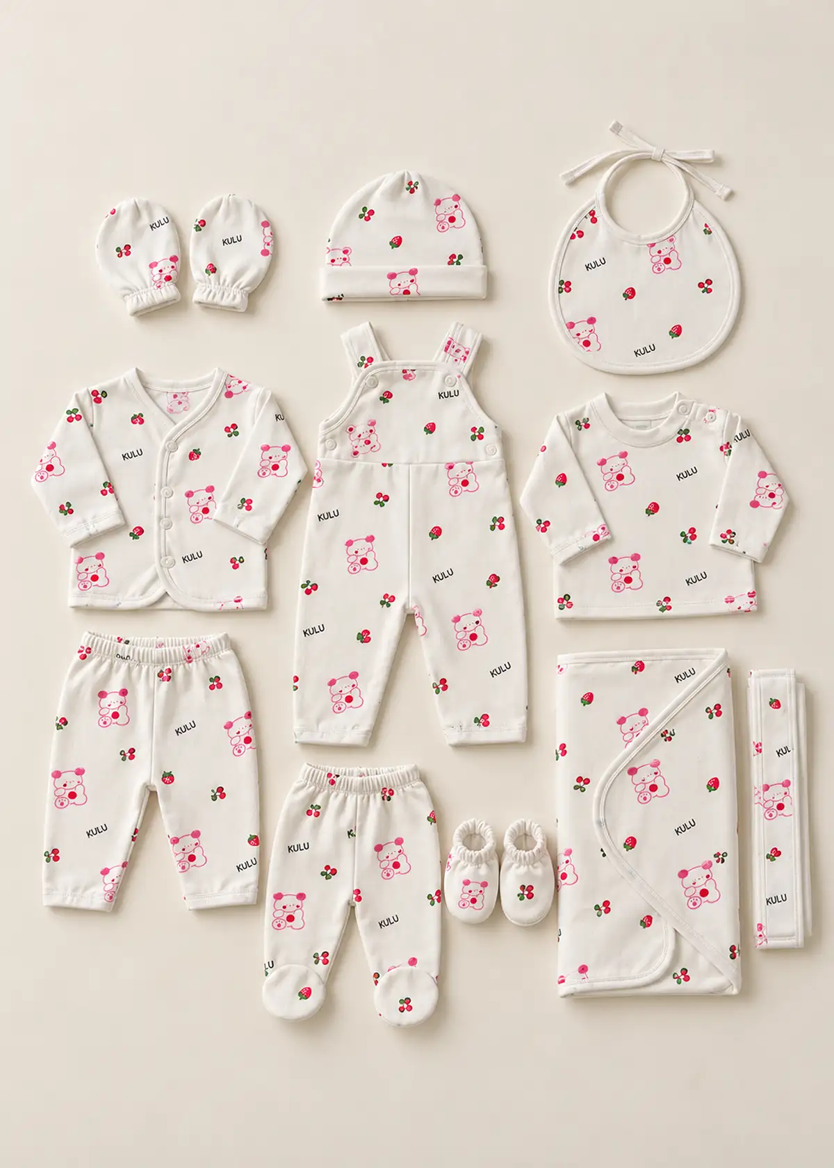 Newborn 11 piece set, Pink Berry Bear