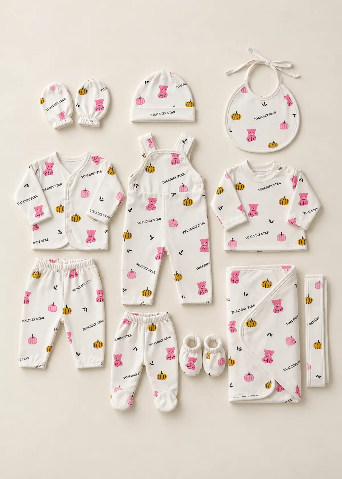 Newborn 11 piece set, Pink Pumpkin Bear