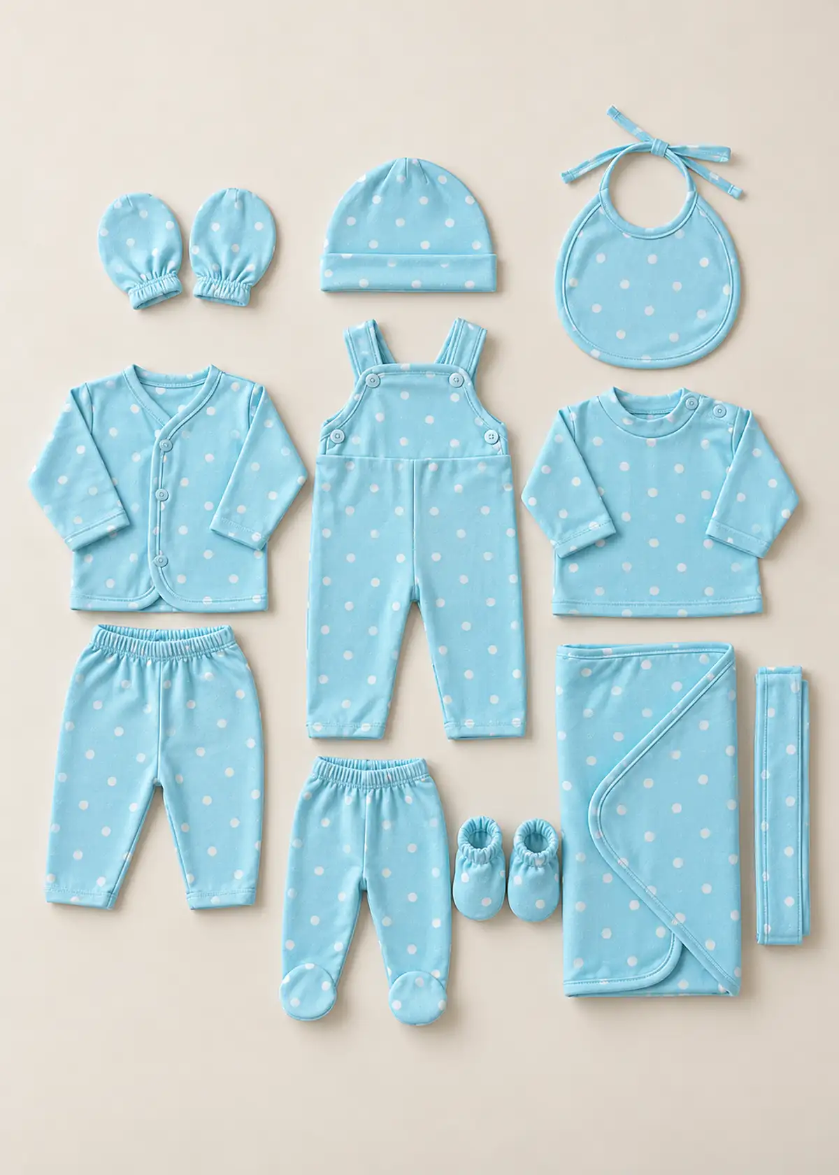 Newborn 11 piece set, Blue Polka Dot