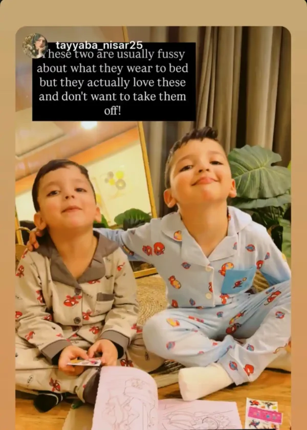 Instagram story posted by a customer, tayyaba_nisar25, of her two sons in Spidey and Avengers Kuku Kids nightwear: these two are usually fussy about what they wear to bed but they actually love these and do not want to take them off