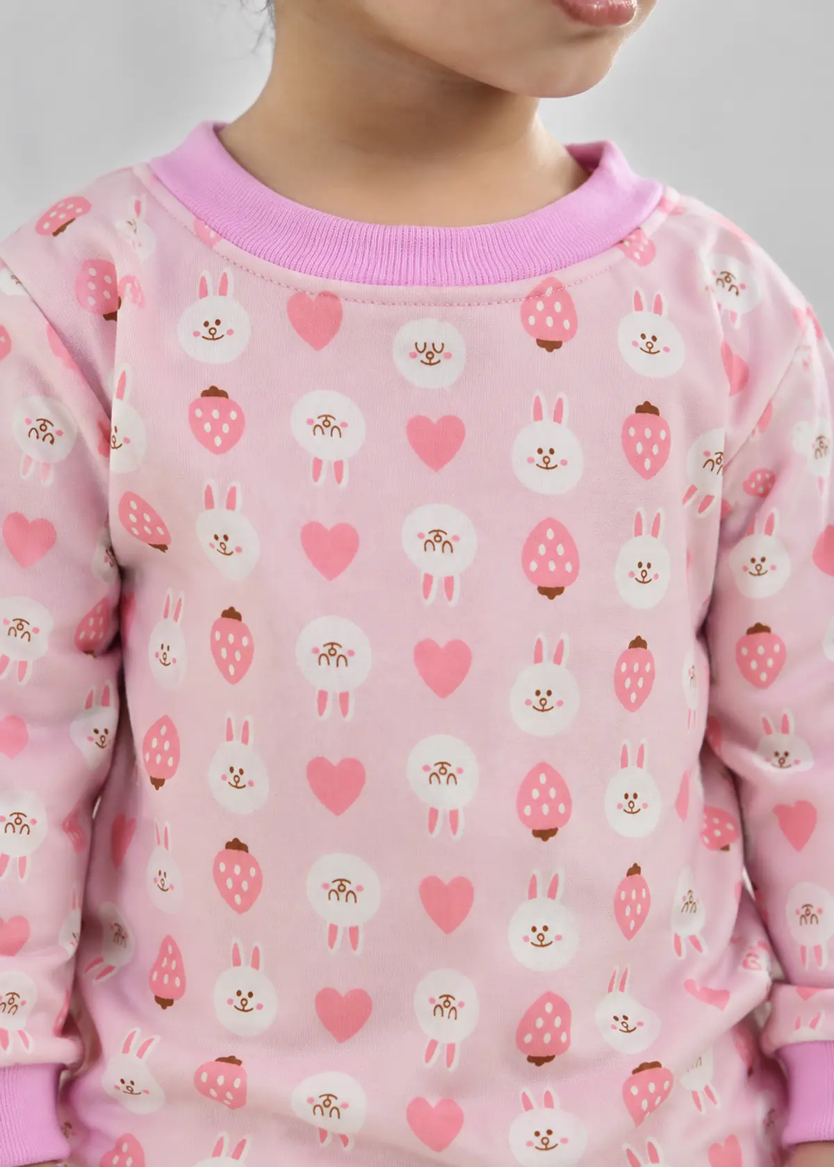 Cuddly Strawberry Nightwear print close up, strawberries and hearts