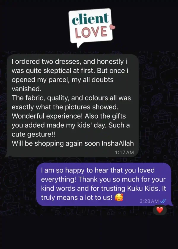Message from a customer: I ordered two dresses and honestly I was quite skeptical at first, but once I opened my parcel all my doubts vanished, the fabric, quality and colours were exactly what the pictures showed